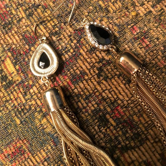 Black Crystal Gold Tone Long Tassel Earrings - Picture 3 of 4